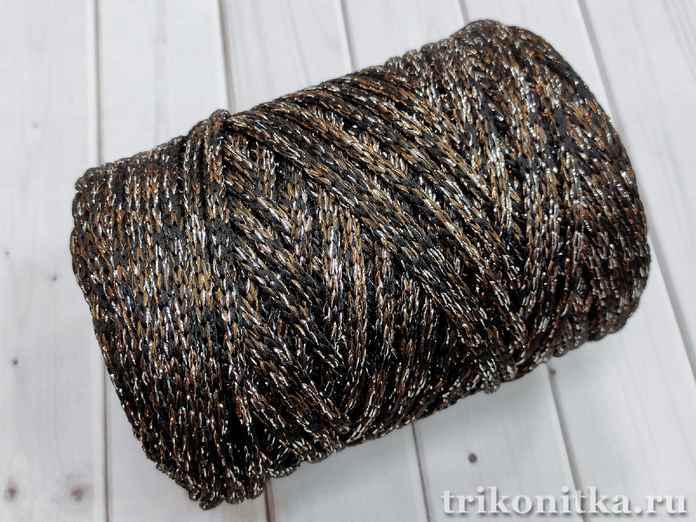 Шнур полиэфирный, круглый риббон "Черно-коричневый с люрексом" 4мм, 250г
